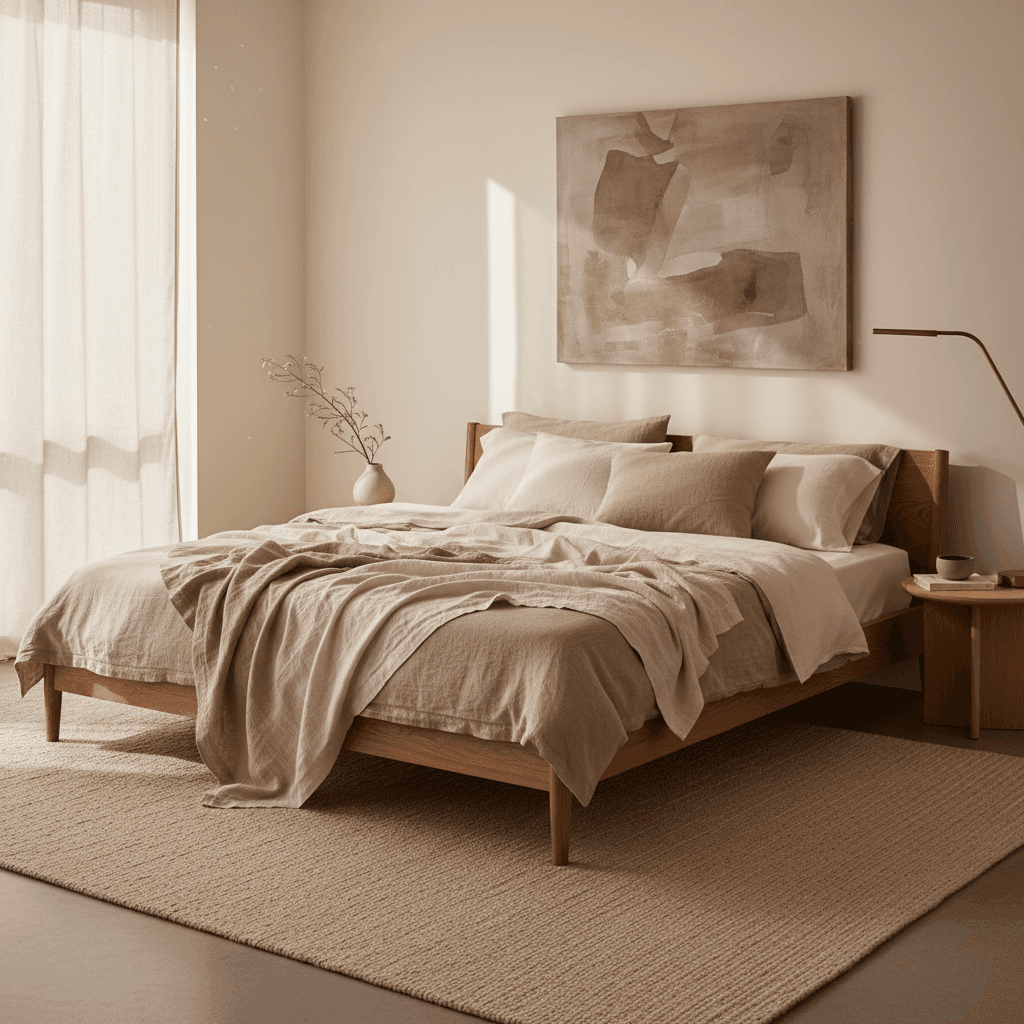 Warm bedroom styled with Haus & Mehr home textiles