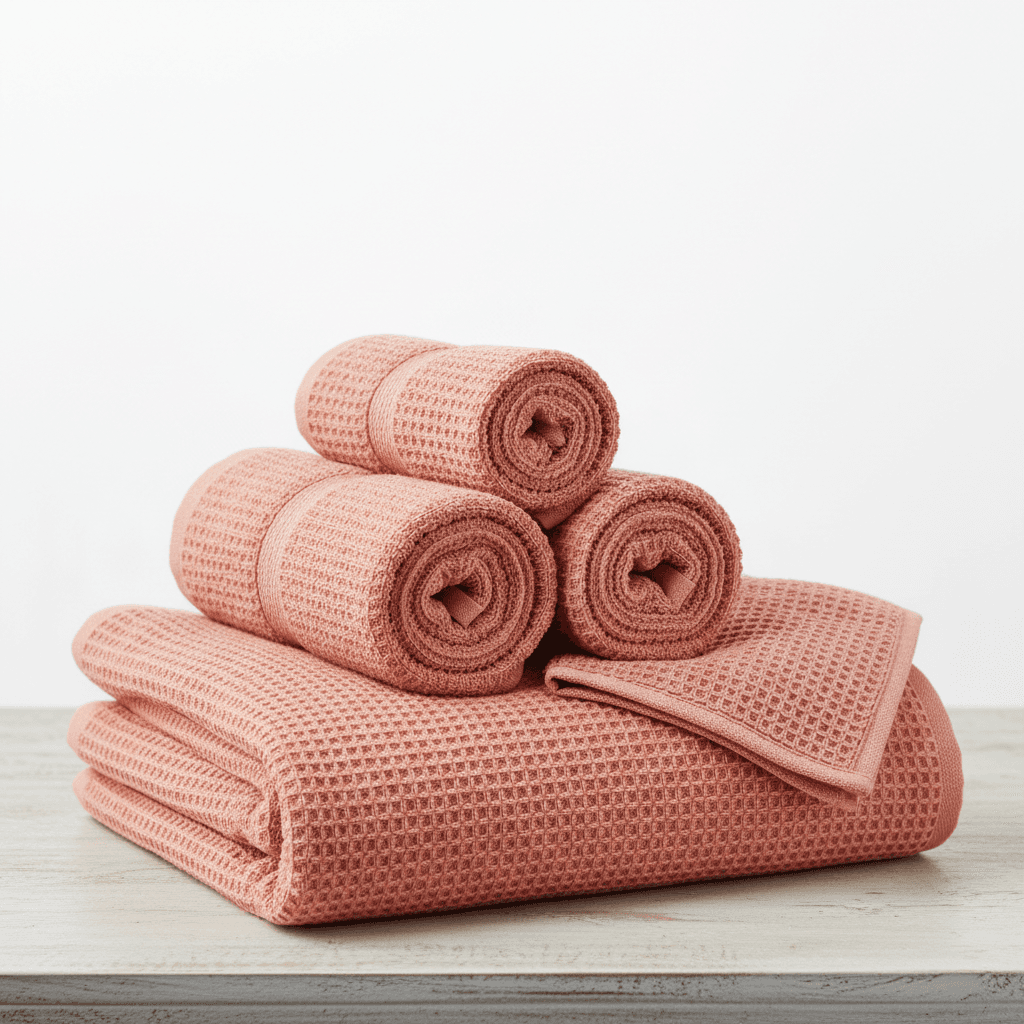 Organic Waffle Bath Towel Set in Rose